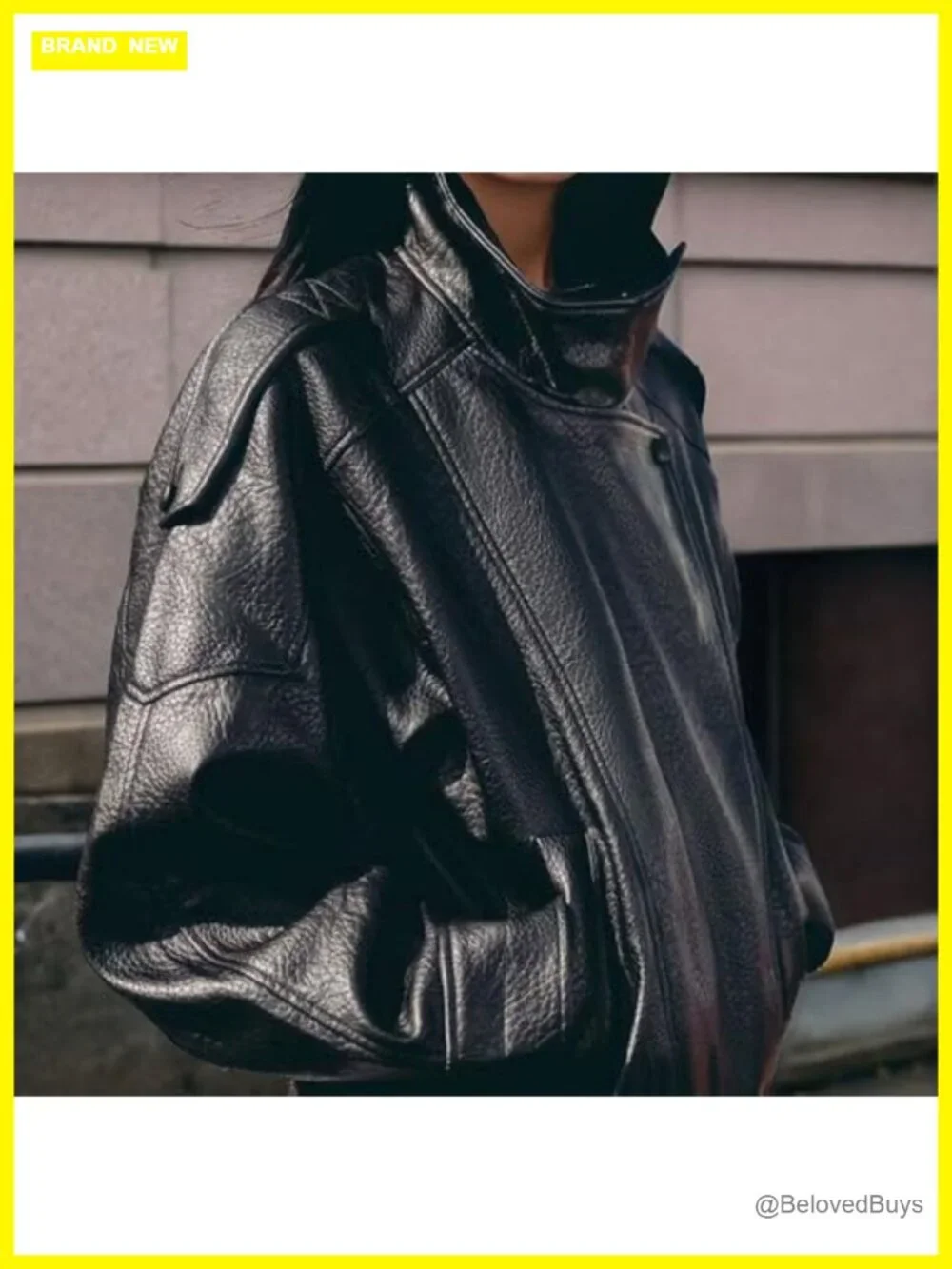 Oversized Faux Leather Motorcycle Jacket Long Sleeve Zip Up - Picture 3 of 7